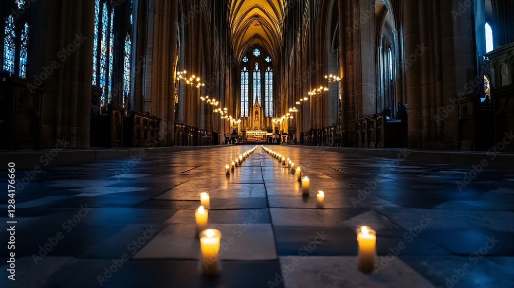 Poster stunning view of flickering candles leading to an illuminated altar inside a grand cathedral : gener