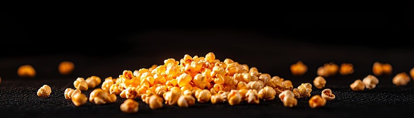 A close-up of golden popcorn kernels arranged on a black background, highlighting their texture and color.
