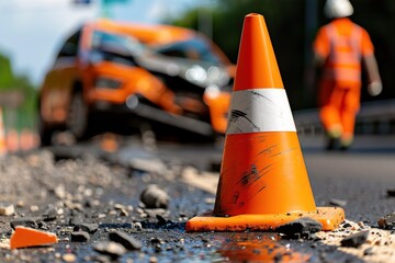 A close-up of an orange traffic cone on a road with debris, while a worker in orange safety gear attends to a damaged vehicle in the background. emergency response
