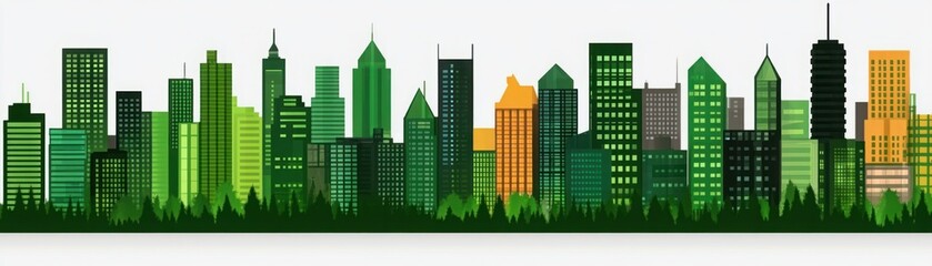 Vibrant Urban Skyline with Green and Yellow Elements Showcasing Modern Architecture and Lush Silhouette of Tall Buildings against Light Background