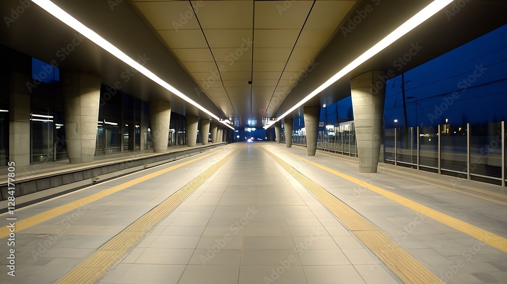 Poster spacious modern train station platform illuminated at night with clear lines and structures : genera