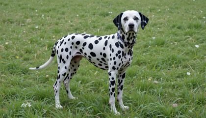 Dalmatian in Green Grass with Scattered Leaves