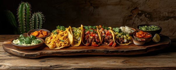 Assorted tacos with vibrant fillings on wooden platter, accompanied by salsa and guacamole