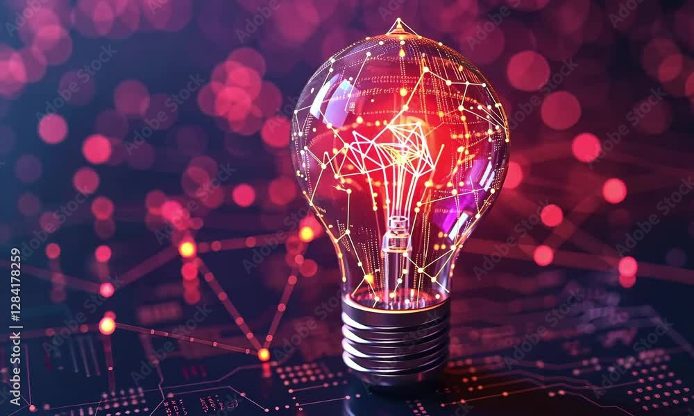 Poster creative light bulb illuminates digital connections with vibrant colors and intricate patterns