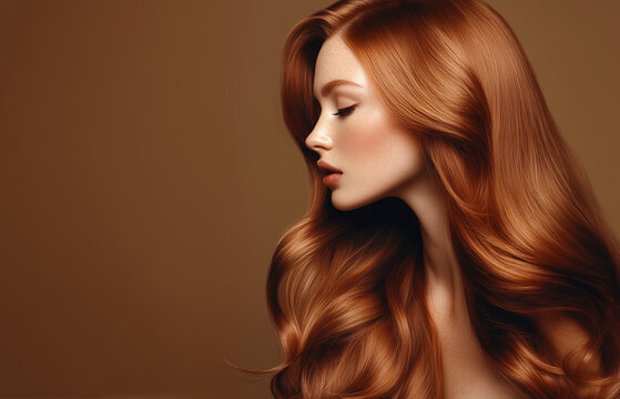 Beauty redhead girl with long  and   shiny wavy red hair .  Beautiful   woman model with curly hairstyle . Keratin straightening. Treatment, care and spa procedures. hair coloring in red . 