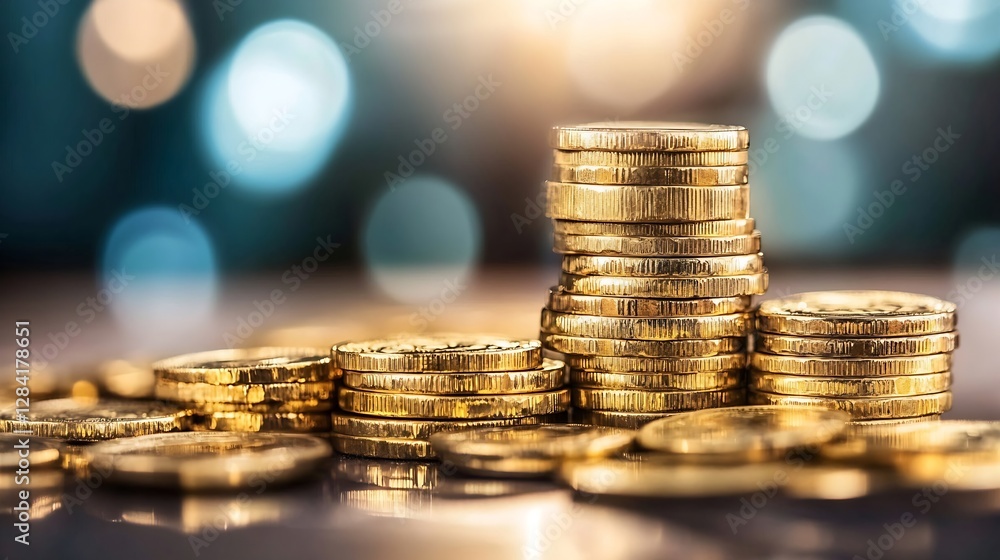 Aufkleber stacked gold coins shimmering with beautiful bokeh backdrop conveying wealth and prosperity : genera