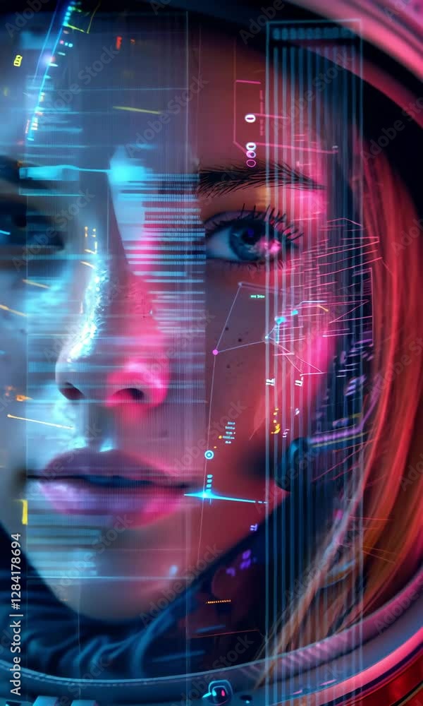 Poster exploring the future of space travel with a high-tech astronaut close-up in a vibrant digital enviro