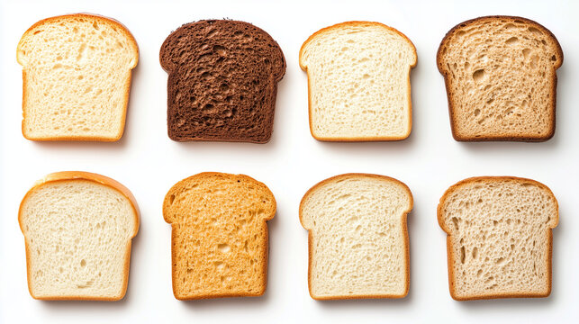 bread slices top view different types isolated on white background