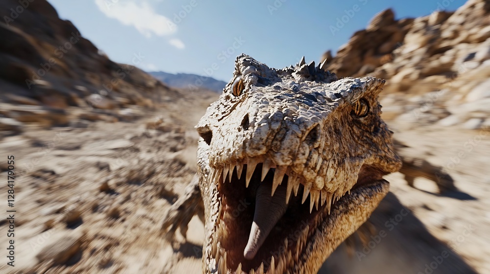 Aufkleber closeup view of a fierce crocodile displaying sharp teeth in a rugged desert environment : generativ
