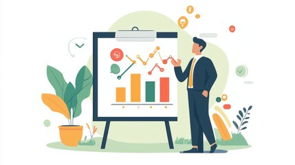 Fototapeta premium Man Presents Financial Data With Colorful Bar Chart on Whiteboard in Business Meeting