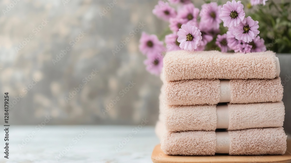 Poster beautifully arranged soft towels with pink flowers in a serene setting for a relaxing home ambiance 