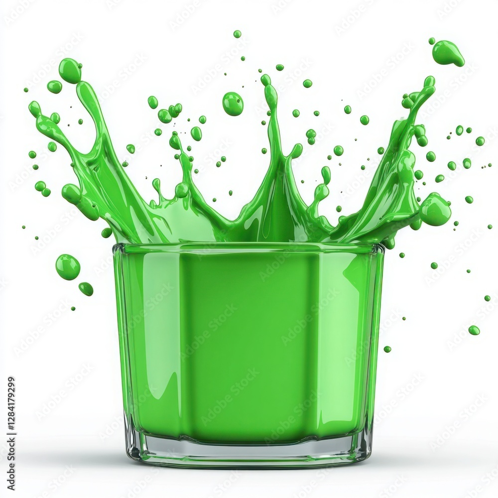 Poster bright green paint splash from a glass cup creating dynamic and energetic patterns on a white backgr