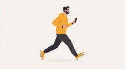 Man Running with Smartphone Wearing Yellow Hoodie and Black Pants Vector