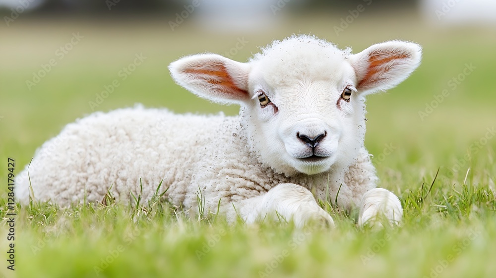 Poster adorable baby sheep resting on green grass with a curious expression capturing the essence of rural 