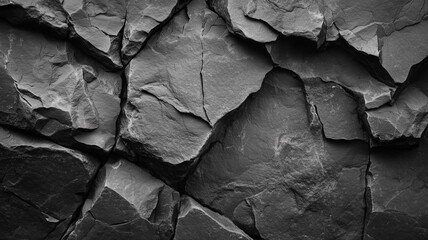 A monochrome close-up shot of rough basalt rock with sharp edges and cracks, textured mountain surface, dark gray stone for background design (1)