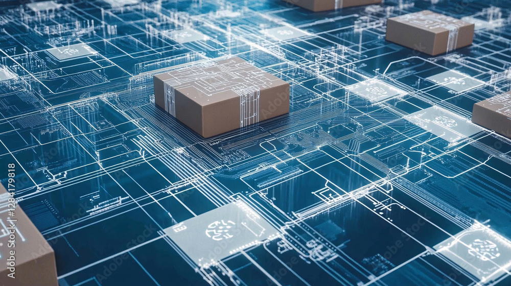 Poster futuristic logistics network with floating packages connected by a digital grid representing smart s
