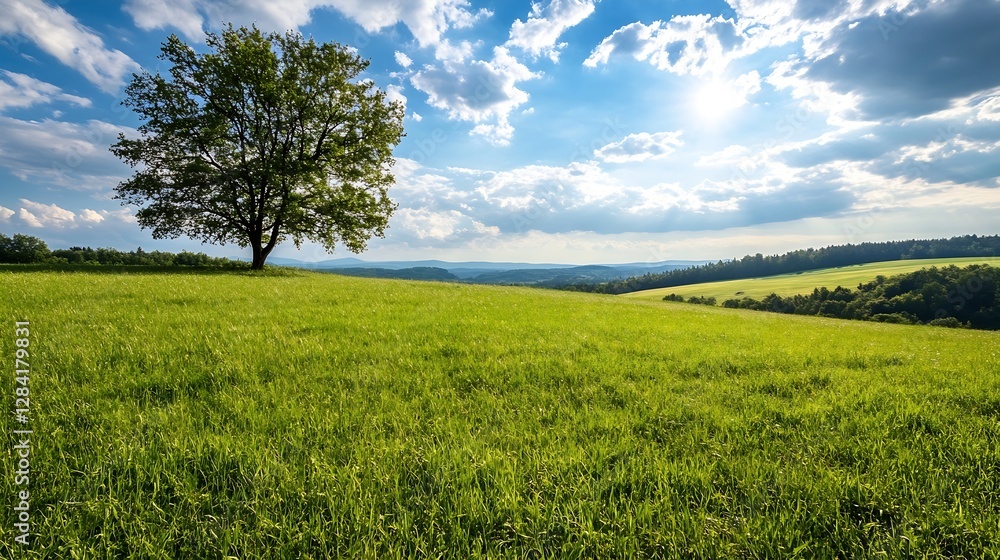 Poster lush green meadow under a clear sky with a single tree standing tall and majestic in nature : genera