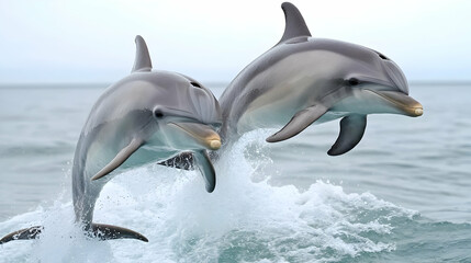Two dolphins leaping from ocean waves; wildlife, nature