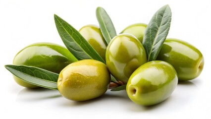 Obraz premium Isolated green olives with leaves on white background for culinary and design purposes 