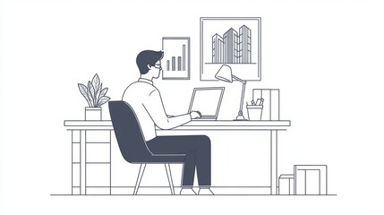 Man Working at Desk with Computer and Charts in Minimalist Gray and White Office Illustration