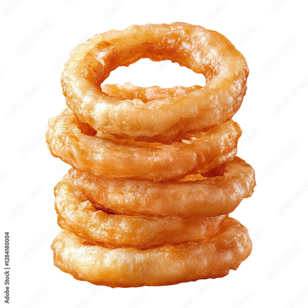 Poster realistic stack of crispy onion rings isolated on transparent background.