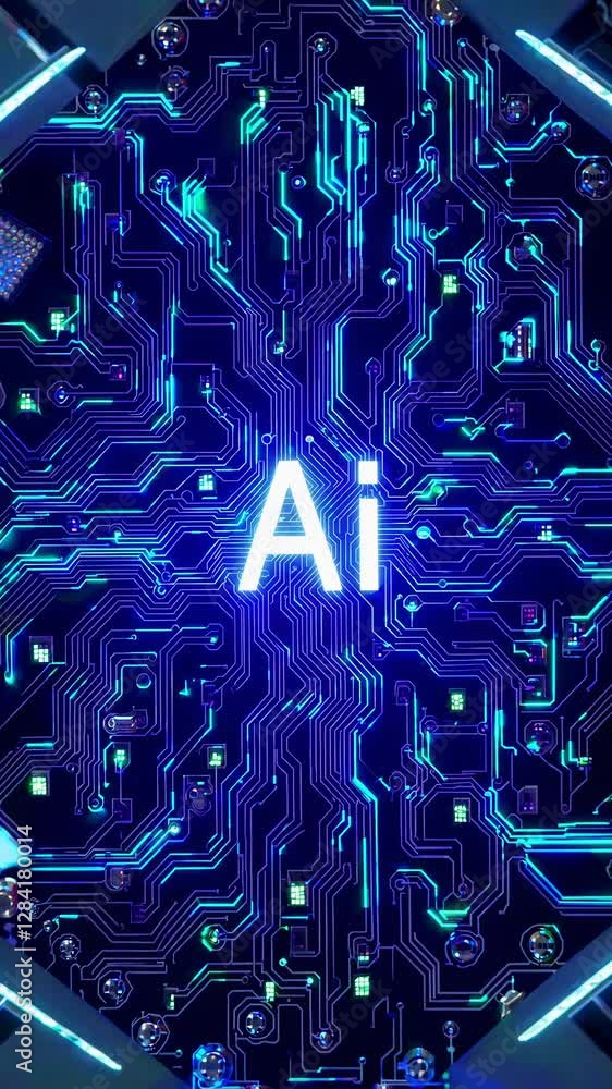 Aufkleber top-down view of a glowing circuit board with 'ai' text, showcasing a futuristic tech concept. perfe