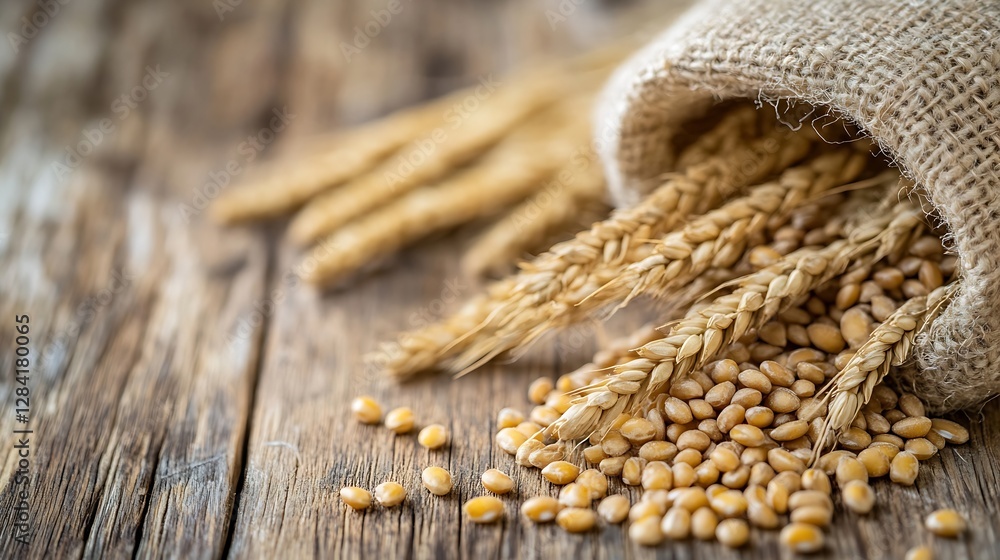Poster closeup of golden wheat kernels and sheaves escaping from a rustic burlap sack on wooden surface : g