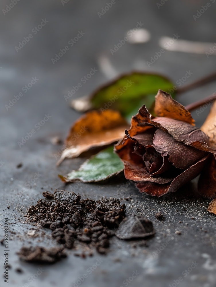 Poster dried rose with dark petals and surrounding soil on a rustic background representing decay and beaut
