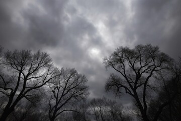 Obraz premium Dark, Overcast Sky with Thick Gray Clouds and Intricate Branching Patterns of Leafless Trees Creating a Moody and Somber Autumn or Winter Atmosphere