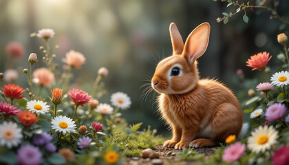 rabbit in the garden, Brown Rabbit Amidst Colorful Blossoms