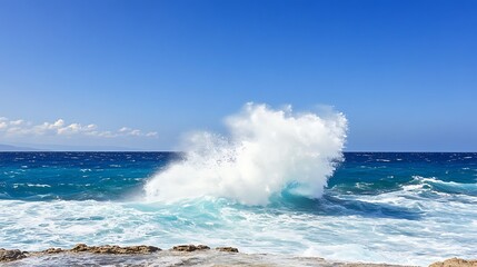 Obraz premium Ocean Wave Crashing on Rocky Coastline Under a Sunny Sky AI Generated