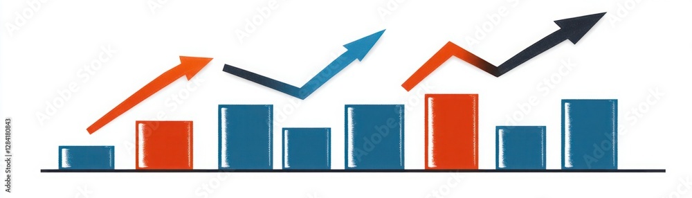 Poster dynamic business growth visualization with colorful bar charts and upward arrows indicating progress