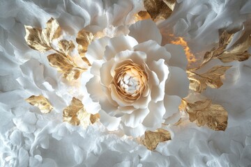 Illuminated white and gold paper flowers, close-up, textured background, wall decor