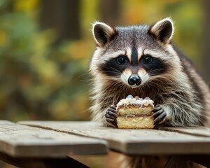 A raccoon stealing a piece of Easter cake from an abandoned picnic table in the woods