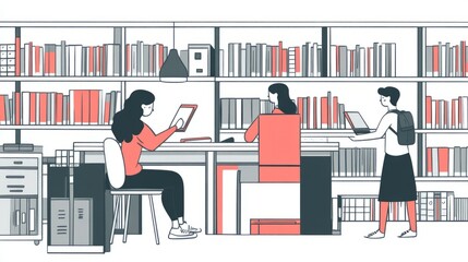 People Reading and Working in Library with White Shelves Books and Modern Furniture