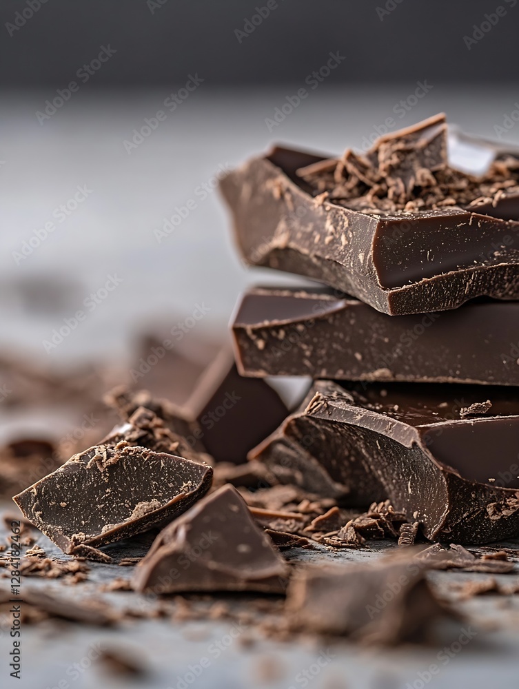 Aufkleber delicious dark chocolate bars broken into pieces on a rustic surface : generative ai
