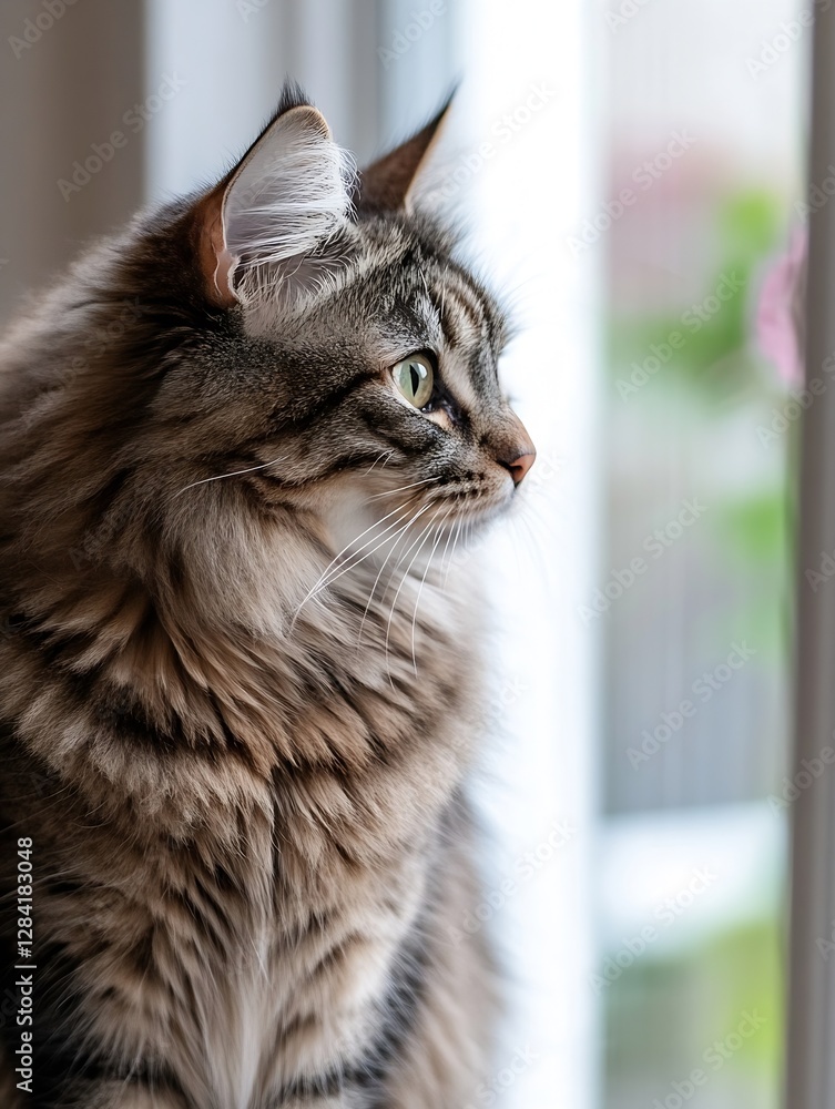 Poster Beautiful closeup of a fluffy cat looking out a window with a soft focus on its gentle fur and striking eyes : Generative AI