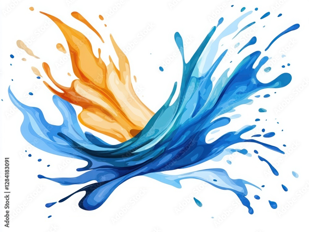 Poster dynamic and colorful splash of water with vibrant orange and blue tones creating a visual wave of en