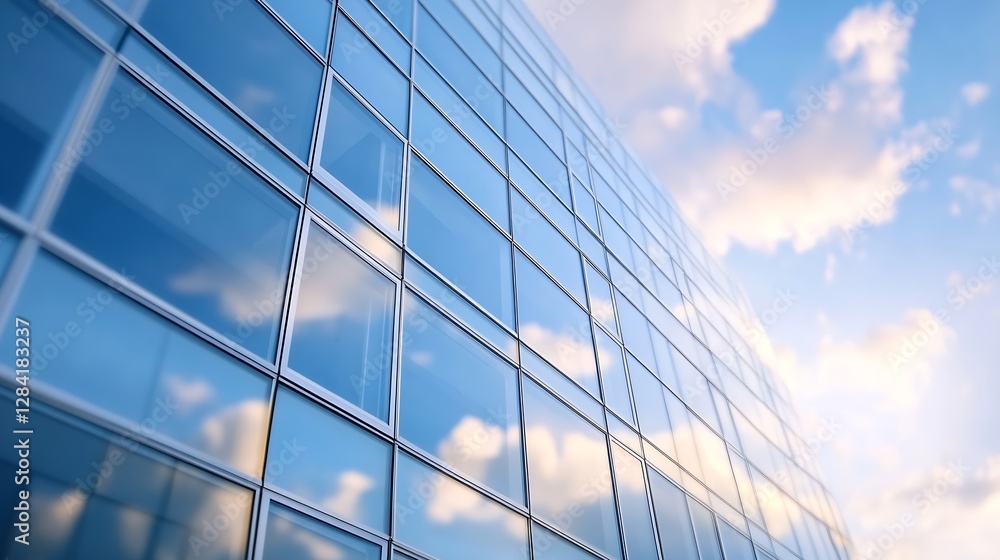 Poster Contemporary glass building reflecting soft clouds creating a dynamic architectural scene : Generative AI