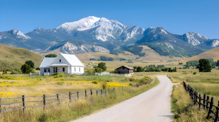 Mountain view rural road, home, farm. Landscapes