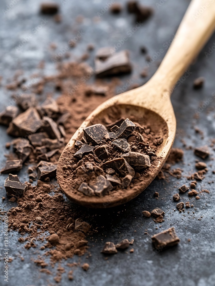 Poster closeup view of chocolate chunks and cocoa powder arranged on a wooden spoon for baking : generative