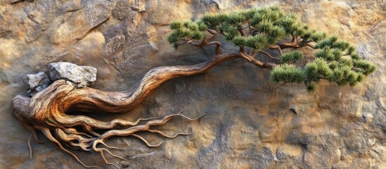 Fototapeta premium Ancient Bonsai on Rocky Wall: A Timeless Masterpiece of Nature's Resilience