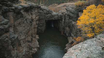 Autumn canyon waterfall, dark pool, yellow trees. Nature photography for travel brochures