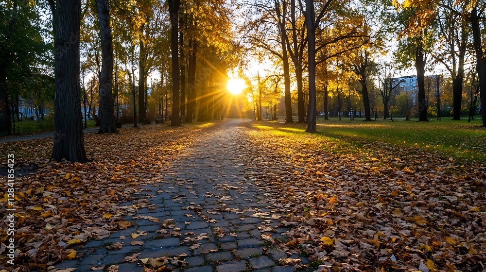Aufkleber warm autumn sunset illuminating a peaceful park path covered with fallen leaves and surrounded by tr