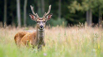 Majestic deer standing gracefully in a lush green field surrounded by trees and natural beauty : Generative AI
