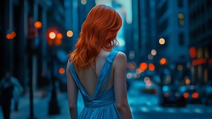 Fototapeta premium Enigmatic Woman in Blue Dress Walking on City Street at Dusk