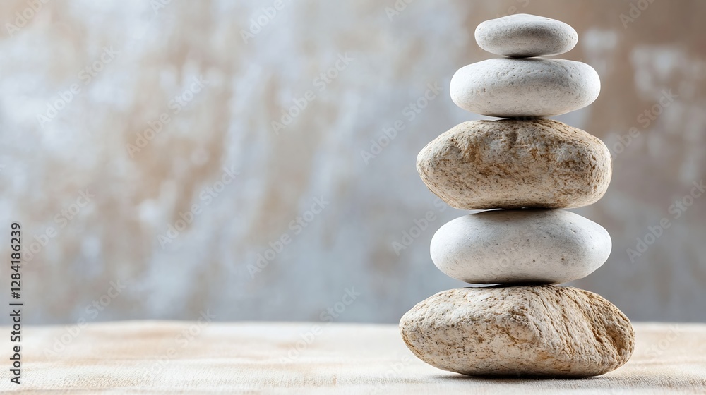 Aufkleber Balanced stone stack in neutral tones representing harmony and tranquility in a minimalist setting : Generative AI