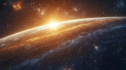 Sunrise over Earth from space, showing atmospheric details and stars.