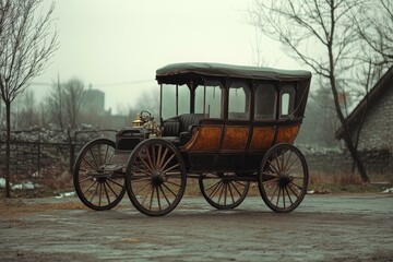 Fototapeta premium Antique Carriage Vehicle Standing Still On A Gray Day Under Misty Conditions