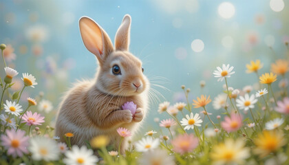Fototapeta premium easter bunny with easter eggs, Dreamy Brown Rabbit with Pink Flower in Bokeh Field
